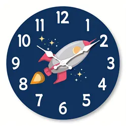 1pc 12 inch wooden wall clock, space rocket design cartoon wall clock, silent clock, suitable for living room bedroom, room deco