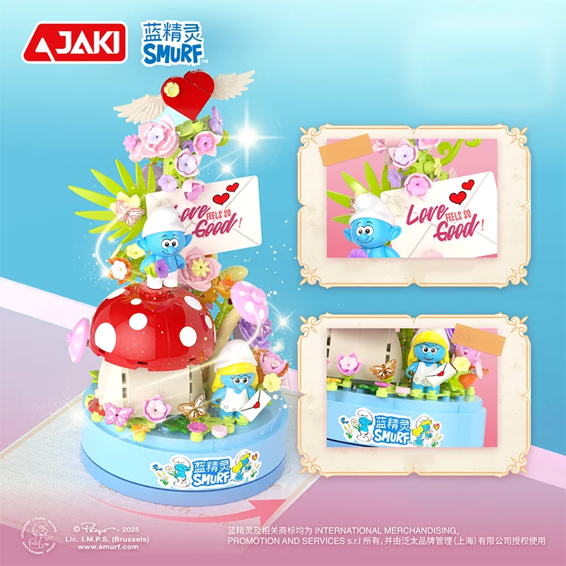 Smurfs-caja de música con letras de amor, bloques de construcción, caja de música giratoria, bloques de modelismo, adornos de escritorio, juguetes DIY para niños, regalos de vacaciones