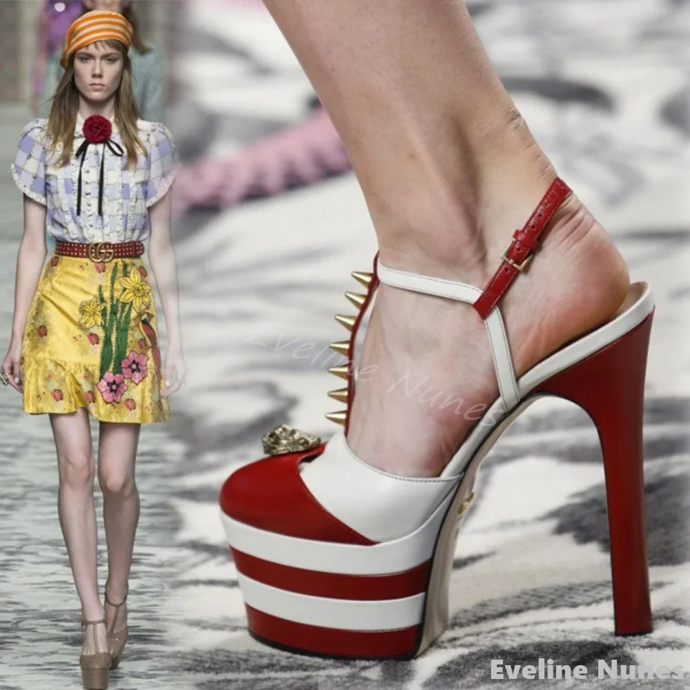 Thick-soled 16cm High-heeled Sandals Women Round Toe Rivet Metal Decoration Mixed Colors Sandals 2024 Sexy Catwalk Party Shoes