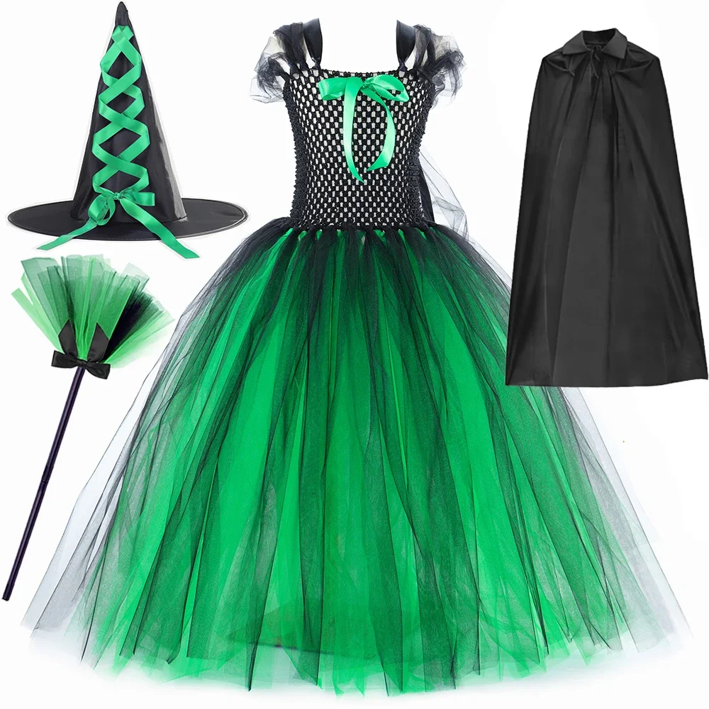 

Wicked Witch Elphaba Long Costumes Girls Halloween Fancy Dress with Hat Broom Cloak Carnival Party Outfit Floor Ball Gown 1-14Y