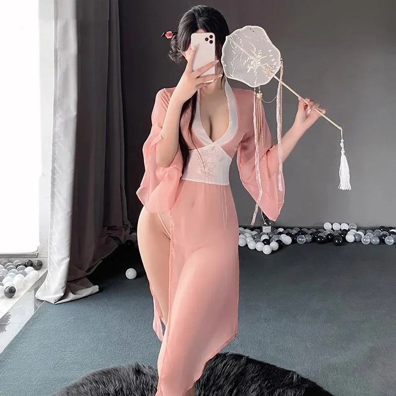 Pink Deep V See-through Hanfu Dress for Women Sexy Lingerie Costumes Chinese Antique-Style Elegant Dresses with Thongs Set