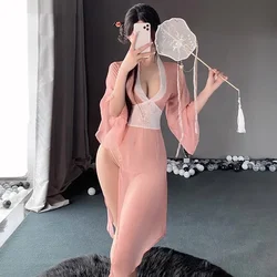 Pink Deep V See-through Hanfu Dress for Women Sexy Lingerie Costumes Chinese Antique-Style Elegant Dresses with Thongs Set