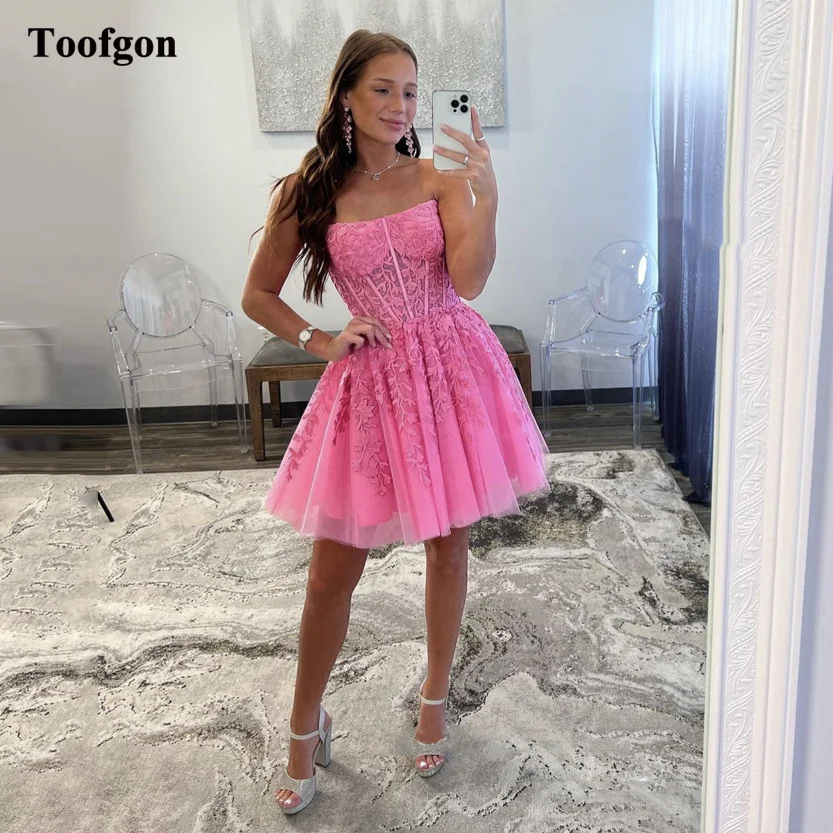 

Toofgon Pink Soft Tulle Lace Prom Dresses For Women A Line Short Formal Homecoming Dress Special Occasion Cocktail Party Gowns