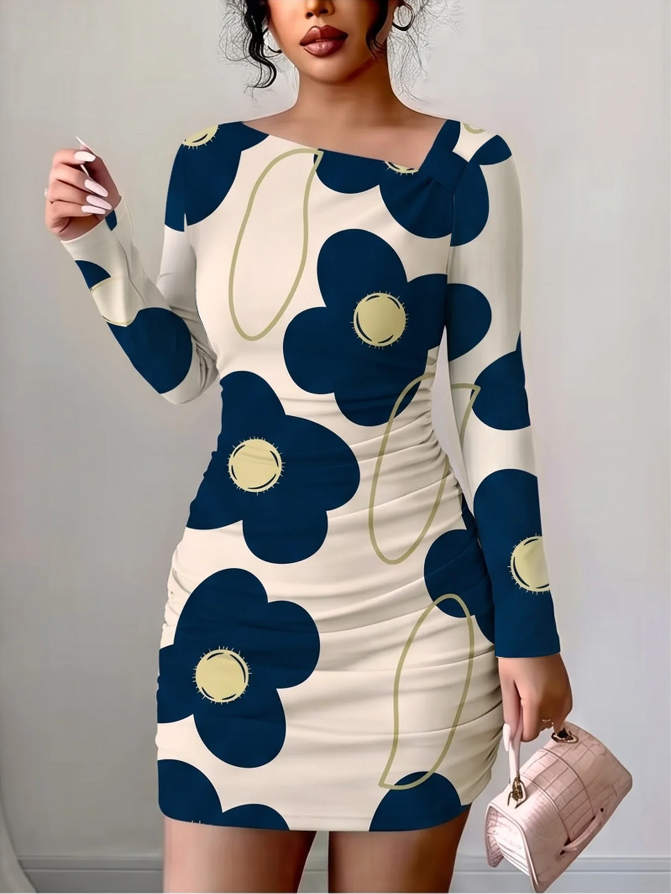 Women's Casual Slanted Shoulder Collar Dress Long Sleeves Flower Print Comfortable Waist Bag Hip Mini Skirt Length