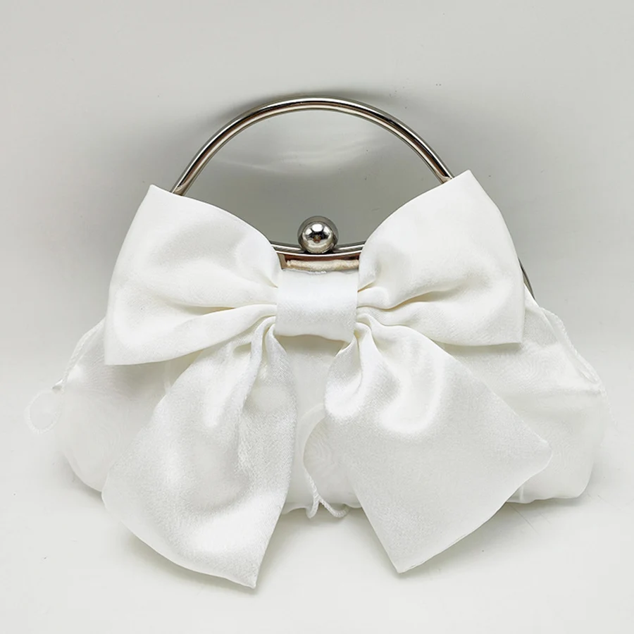 

White Satin Bow Fairy Evening Bags Clutch Metal Handle Handbags for Women Wedding Party Bridal Clutches Purse Chain Shoulder Bag