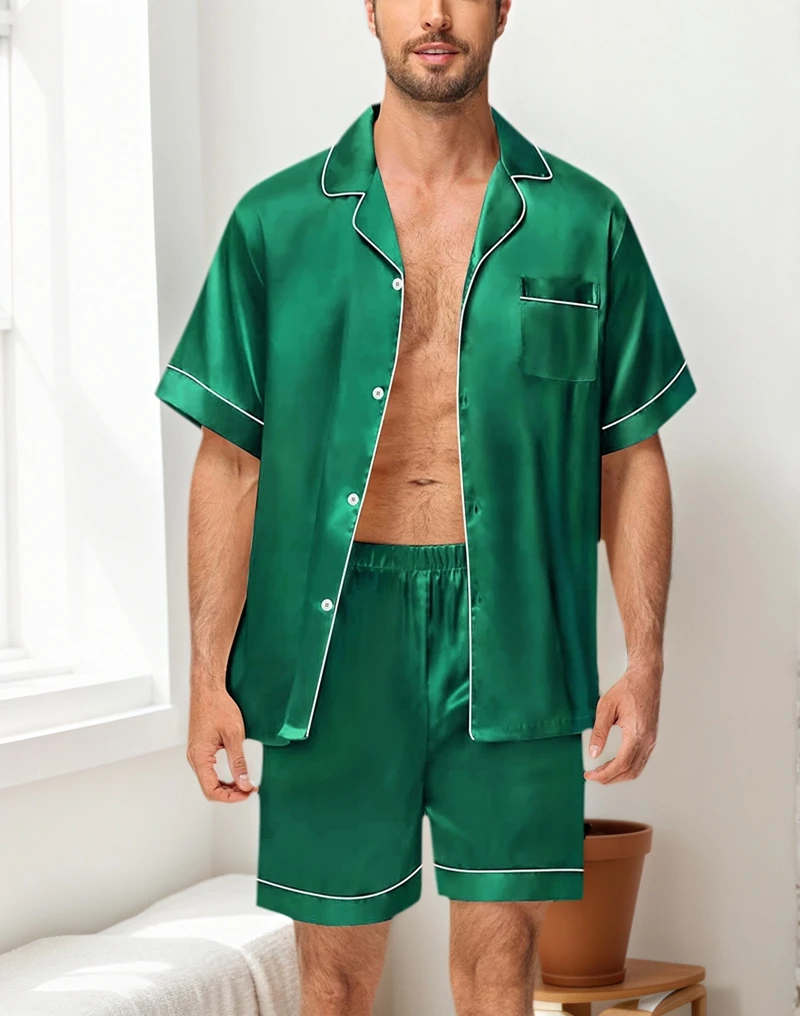 

Men's Silky 2Pcs Pajama Set Short-Sleeve Chest Pocket Lapel Top And Shorts Loose Fit Summer Sleepwear Cozy Loungewear Nightwear