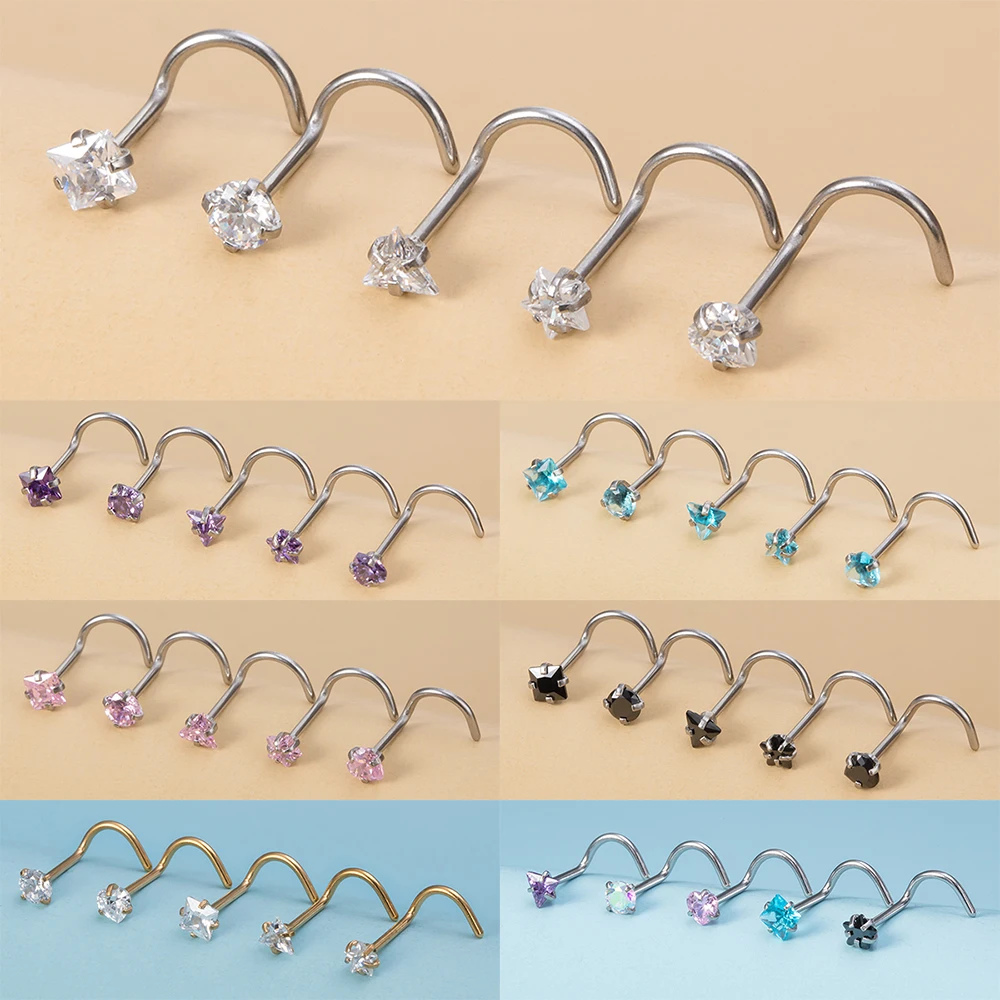 5PCS 20G Surgical Steel Nose Stud Rings Women Round Heart Star Square Triangle Zircon Screw Bend Nose Piercing Jewelry Punk Gift