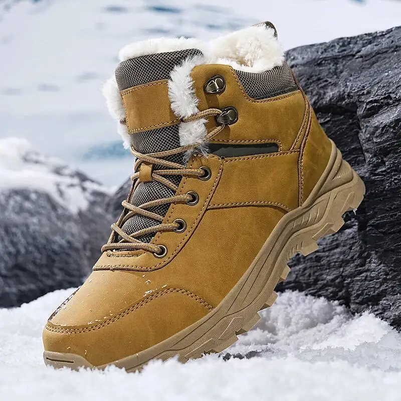 New Autumn and Winter High-Top Thick-Soled Fleece-Lined Men's Snow Boots, Outdoor Hiking Shoes, Hunting Boots