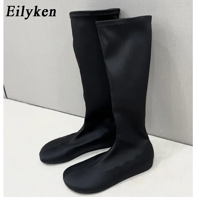 Image of Eilyken Winter Street Fashion Weiche Leder Runde Zehen Damen Kniehohe Stiefel Niedrige Absätze Höhenerhöhende Lange Stiefeletten Mujer