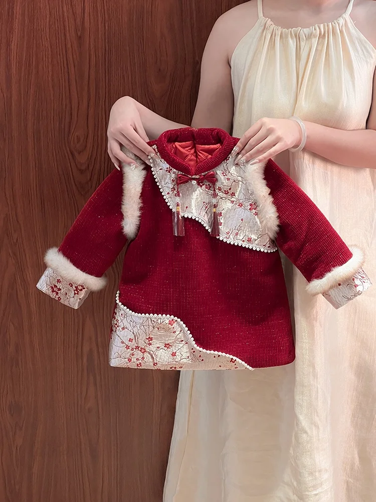 

New Chinese Sle Thiened Fce Winter Dr for Girls Year-End Visit Red Traditional Tang Costume Children's Dr Fairy ...