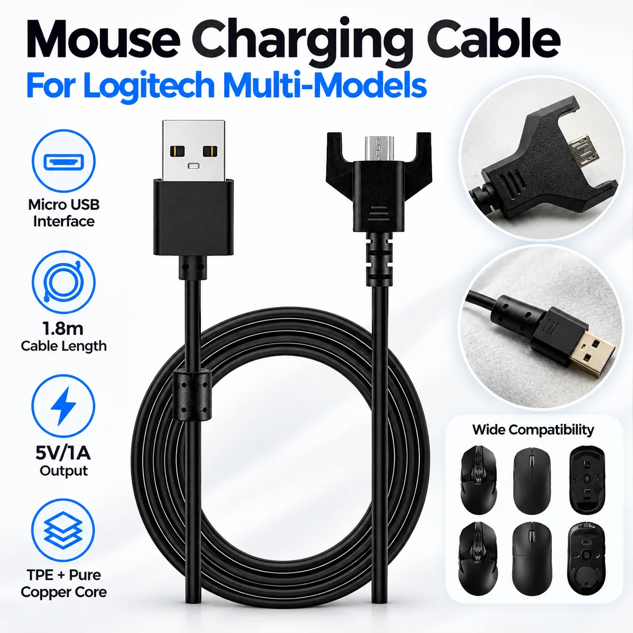 USB Mice Line 1.8M Charging Cable for Logitech G Powerplay Mouse Pad / G pro Wireless Keyboard / G560 Speaker