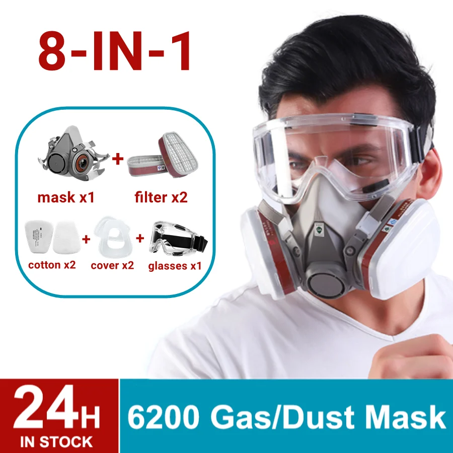 

8In1 6200 Dust Gas Mask Half Face Gases Painting Spraying Resin Work Smoke Safety Proteciton Replaceable Filters Respirator