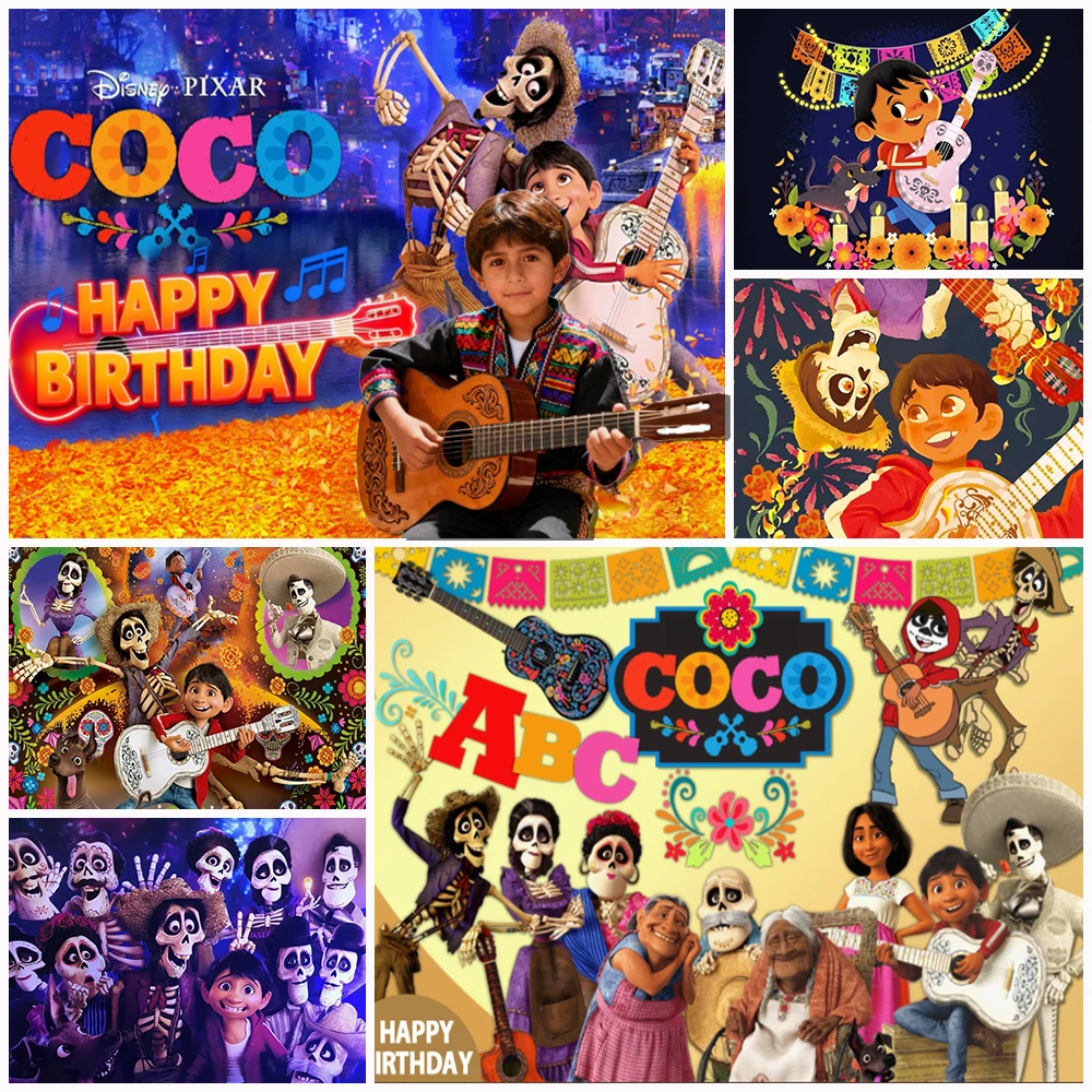 

Disney COco Theme Kids Birthday Party Backdrop Mexican Music Guitar Golden Photography Props Baby Backdrop Shower Party Supplies