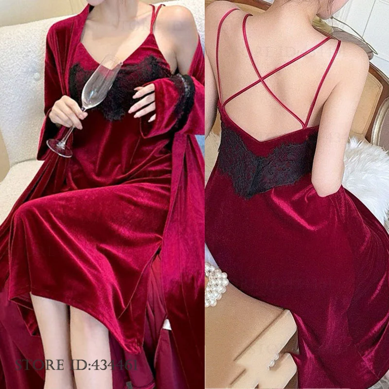 

Sexy Burgundy Velvet Long Robe Nightgown 2PCS Set Patchwork Lace Chemise Sleepwear Nightdress Autumn Winter Female Homewear