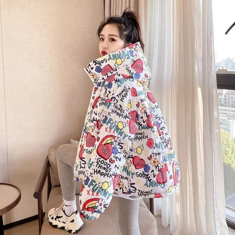 2023 Down Women New Small Thickened Loose Winter Dress Student Short Swallowtail Printed Cotton Coat