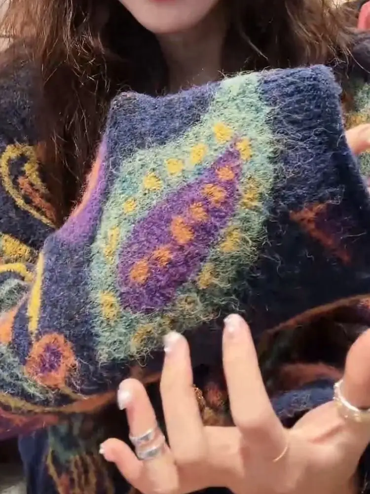 Ezgaga سترة مشغولة من الصوف المرأة خمر الزهور الخريف الشتاء س الرقبة فضفاضة موضة أنيقة سترة أبلى الإناث بلايز عادية