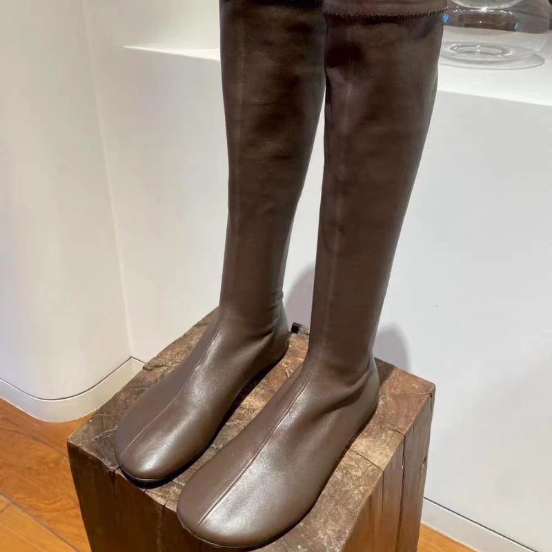 2025 New Women High Boots Flats Leather Shoes Fashion Winter Chelsea Knight's Boots Party Brand Woman Shoes Casual Botas Mujer