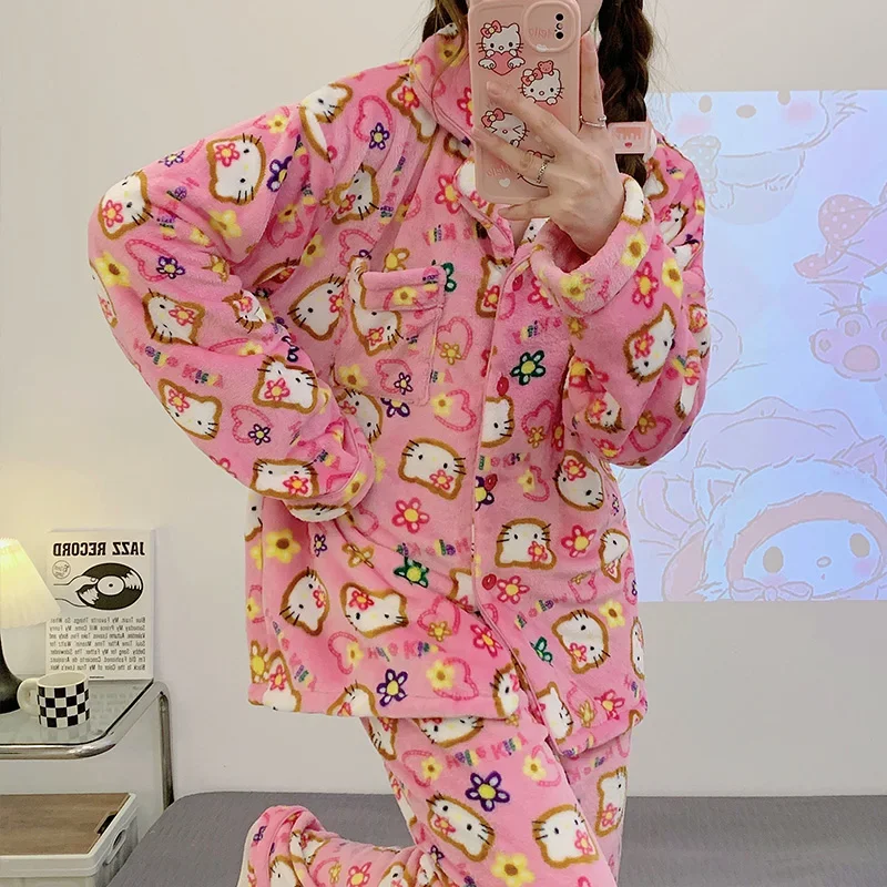 Winter Hello Kitty pajamas fleece thickened warm loose cardigan Sanrio women\'s pajamas casual flannel loungewear set