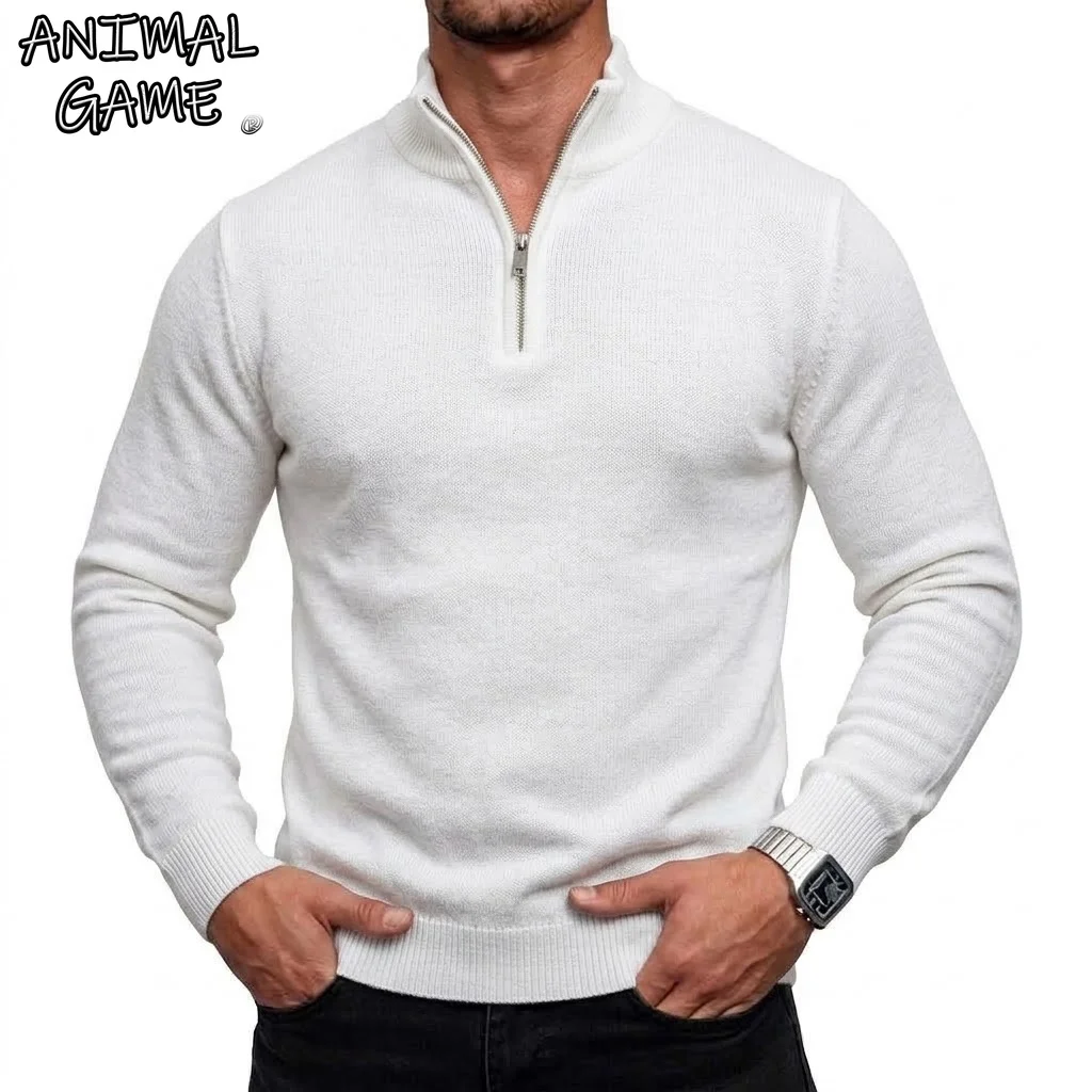 New Men's Zip Knit Pullover Sweater Slim Fit Mock Neck Casual Long Sleeve Knitted Jumpers Warm Top for Winter Knitwear Clothing