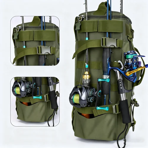 Imagen 2 del producto Mochila de pesca multifuncional, bolsa de aparejos con soportes para caña, almacenamiento de equipo de pescado, impermeable, resistente al desgaste, bolsa para deportes al aire libre