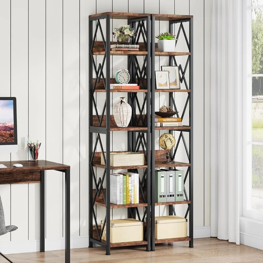 6-Tier Bookshelf Storage Shelves: 75 Inches Tall Narrow Bookcase Set of 2,for Living Room, Bedroom, Kitchen, Brown,  Bookcases