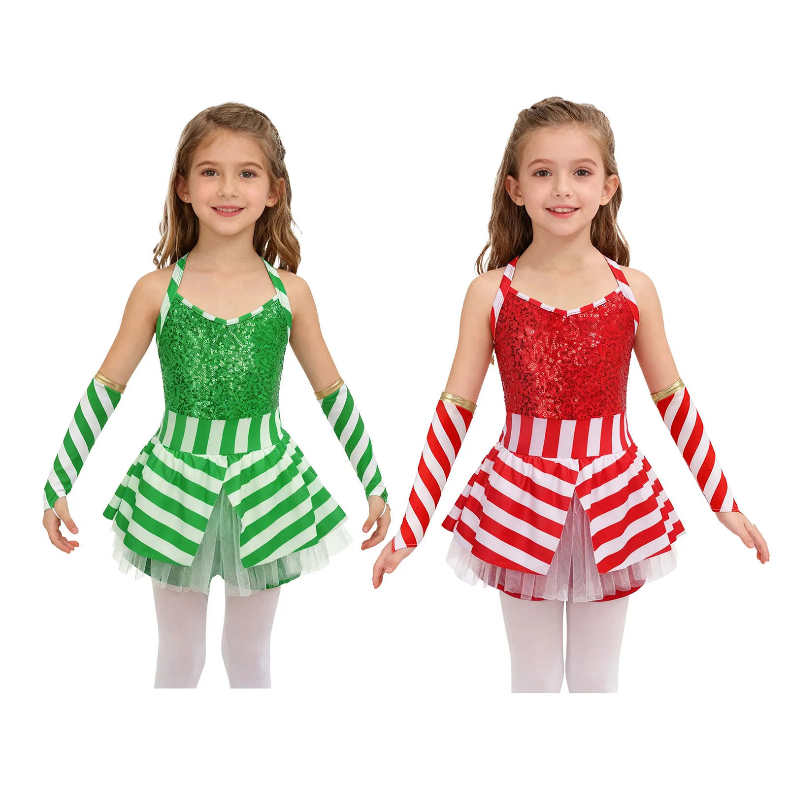 Girls Christmas Candy Cane Dance Santa Elf Costume Sleeveless Sequins Striped Ballet Dress Gymnastics Leotard for Holiday Party