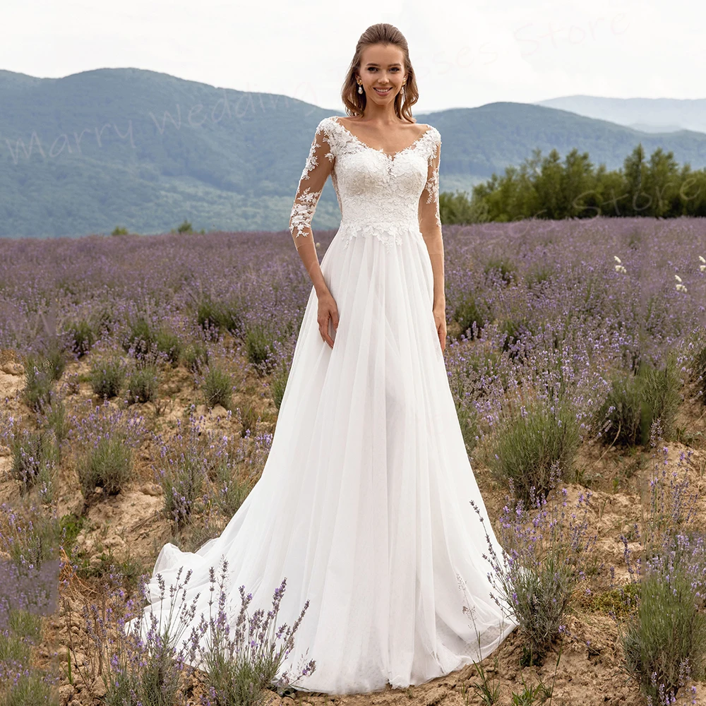 Vestidos De Novia De línea A con cuello en V para mujer, Vestidos De Novia con apliques De encaje, manga De tres cuartos, bonitos, Sexy, nuevo