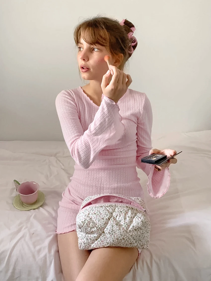 มาร์ธาคิคิบ้านเสื้อผ้าผ้าฝ้ายหญิง O-คอชุดนอนแขนยาวชุดราตรีสีชมพูชุดลำลองฤดูใบไม้ร่วงชุดนอนสตรี