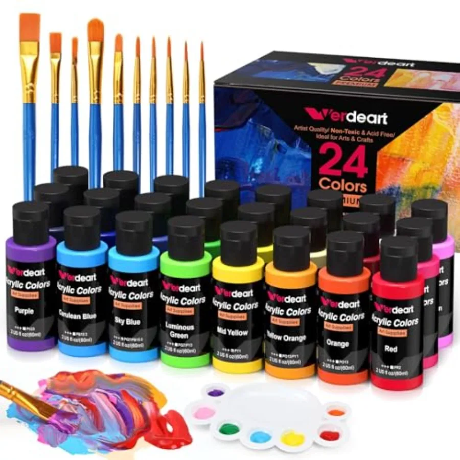 Acrylic Paint Set - 24 Colors 2 oz/59 ml Acrylic Paints for Professional Artists with 10 Brushes, Art Supplies for Painting Can