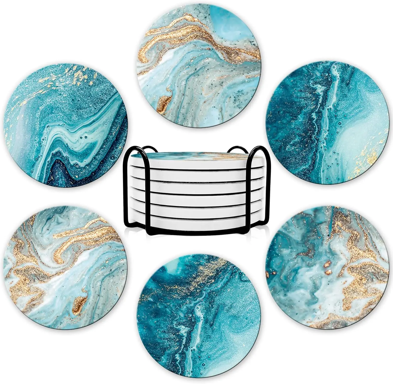 

Absorbent Ceramic Stone Coasters Set of 6 with Cork Base, Funny Coaster for Drinks Wine Mugs Cups Tabletop Protection, Teal