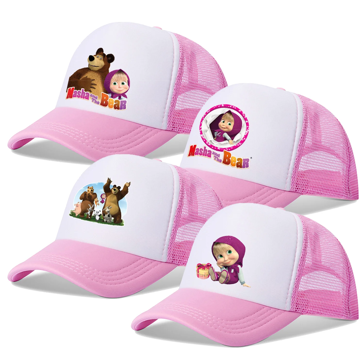 Mashas Bears Baseball Cap Girls Cartoon Printed Peaked Hat Summer Breathable Mesh Caps Kid Cute Pink Sunhat Sports Birthday Gift