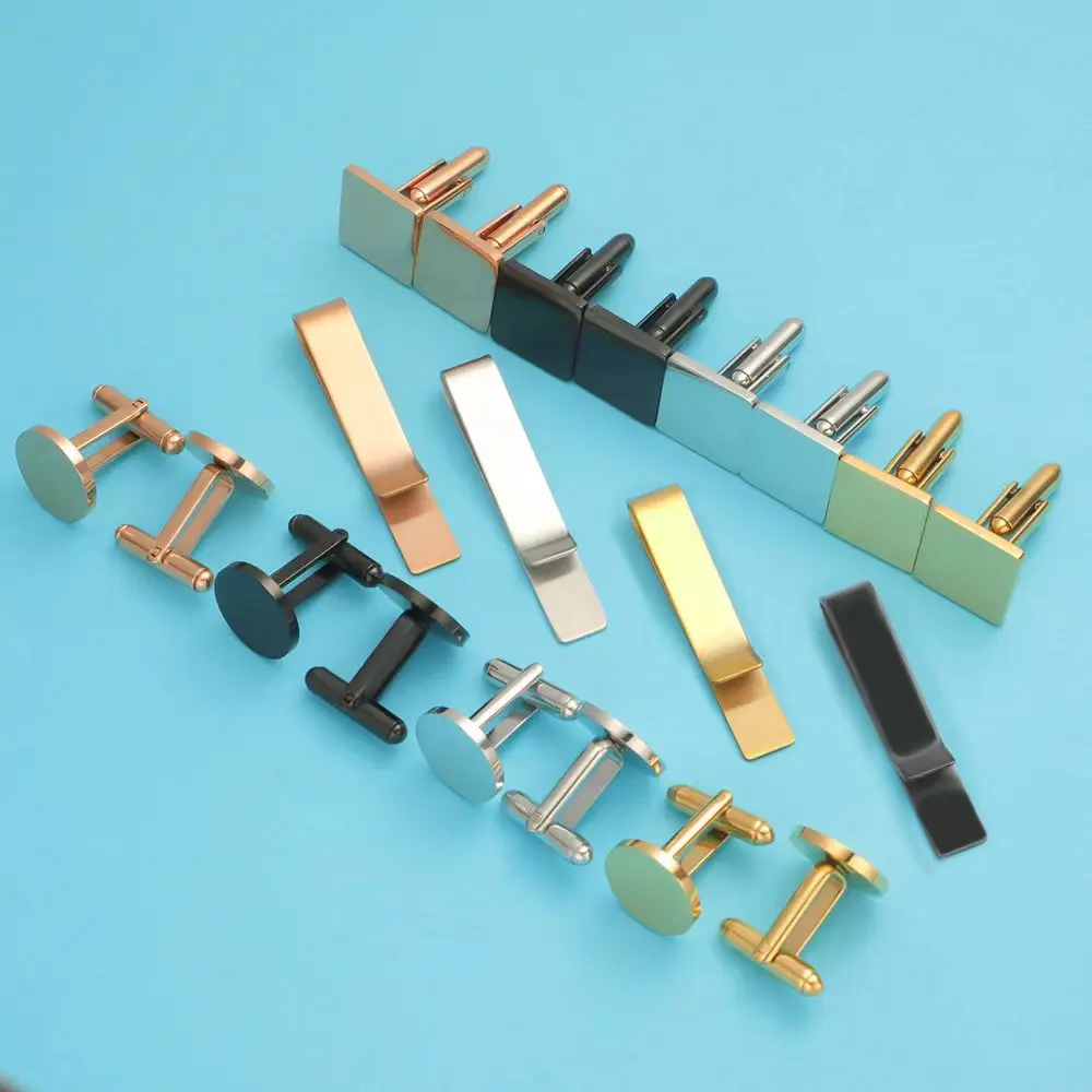 High Quality Stainless Steel Mirror Polish Round Square Cufflinks and Tie Clip Set For DIY Jewelry Making Accessories