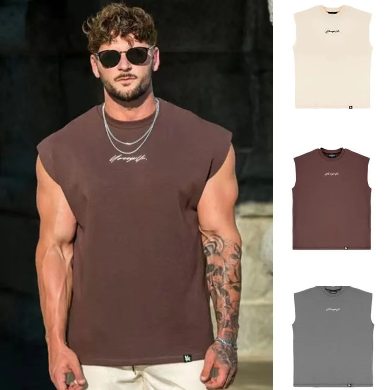 

Summer Muscle Fitness Casual Tank Top Men's Trendy Training Sleeveless Shoulder Top 230g American Versatile T-shirt