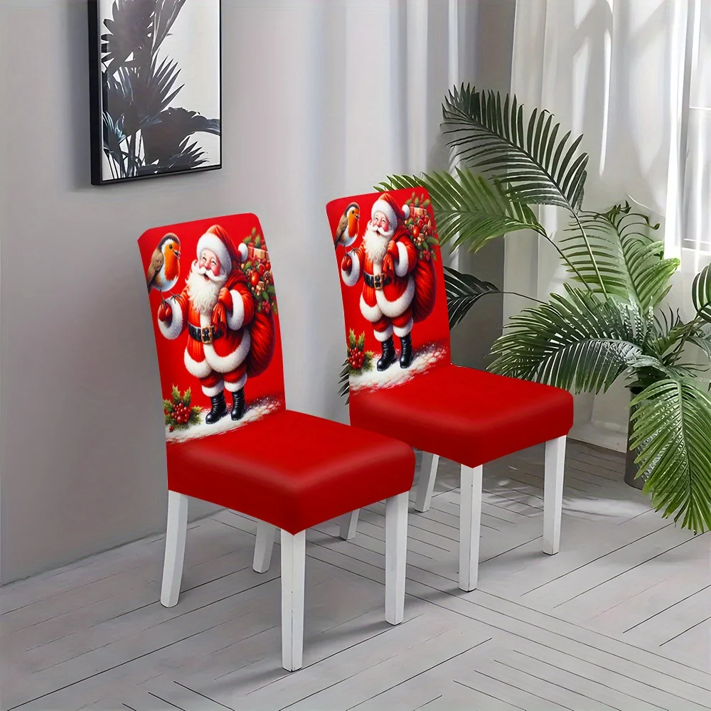 Solid Red Seat Santa Robin Bird Dining Chair Cover Stretch Spandex Chair Slipcover Traditional Xmas Holiday Dining Decor