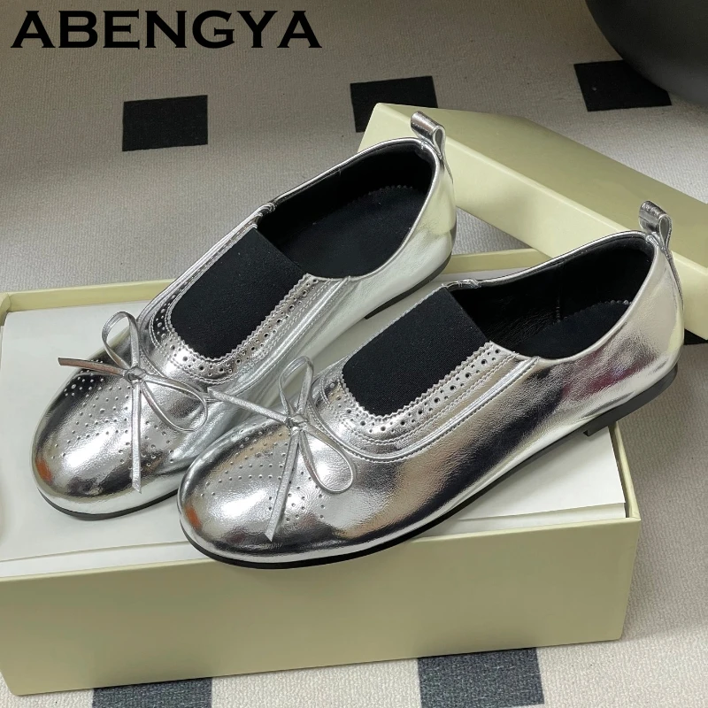 2026 Summer Round Toe Bowknot Flat Loafers Shoes Women Real Leather Slip On Ballet Flat Shoes British Style Single Shoes Female