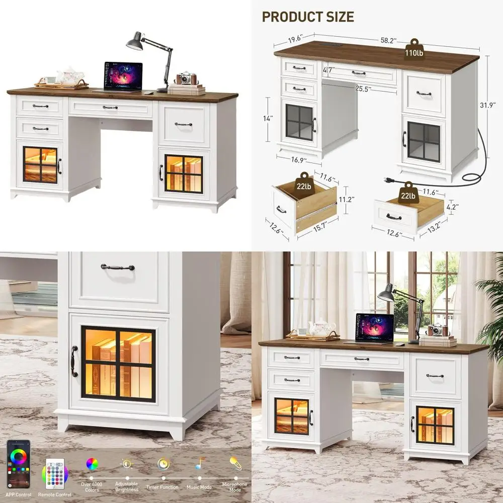 

58-дюймовый деревянный стол руководителя с ящиками, светодиодной подсветкой и зарядной станцией - отделка белого цвета и под орех.