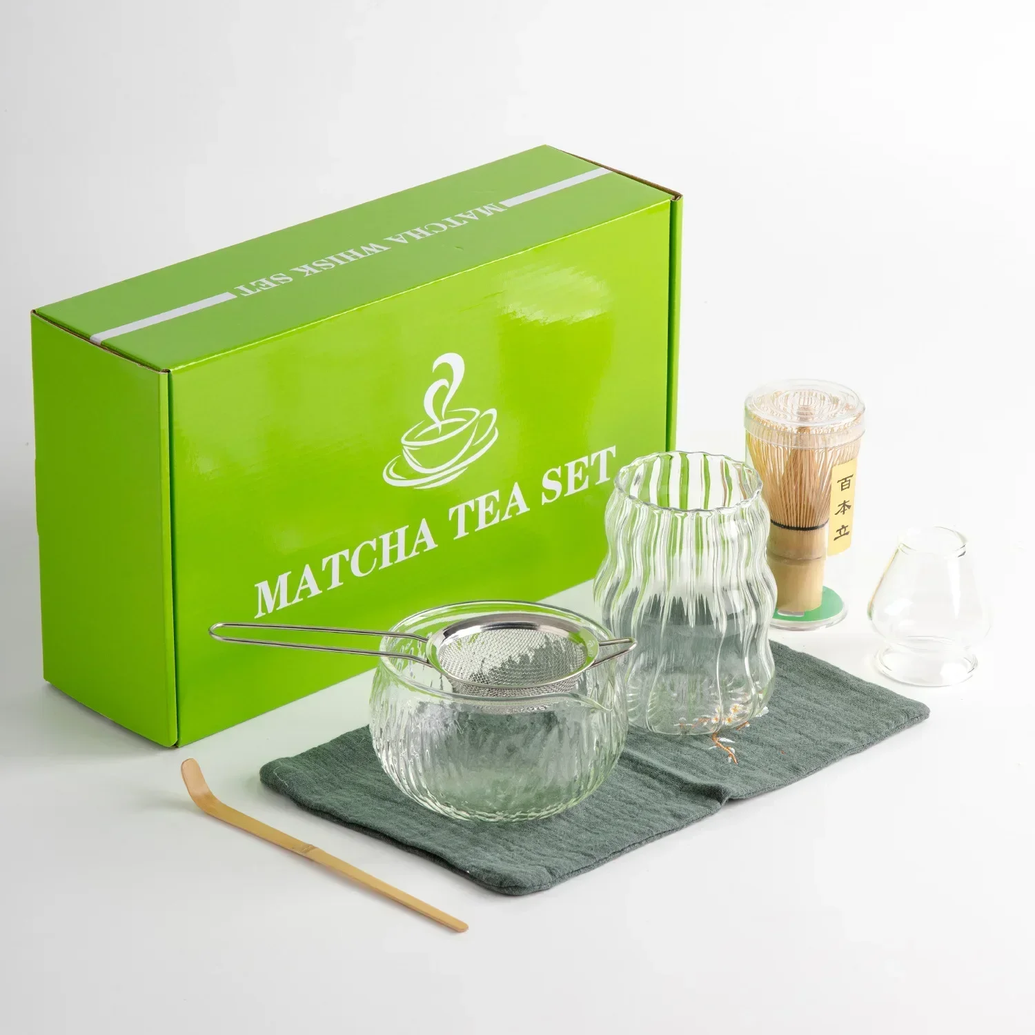 7Pcs Matcha Whisk Set Clear Glass Japanese Matcha Tea Set Bamboo Tea Whisk Matcha Brush Kiln Accessories Song Dynasty Tea Tools