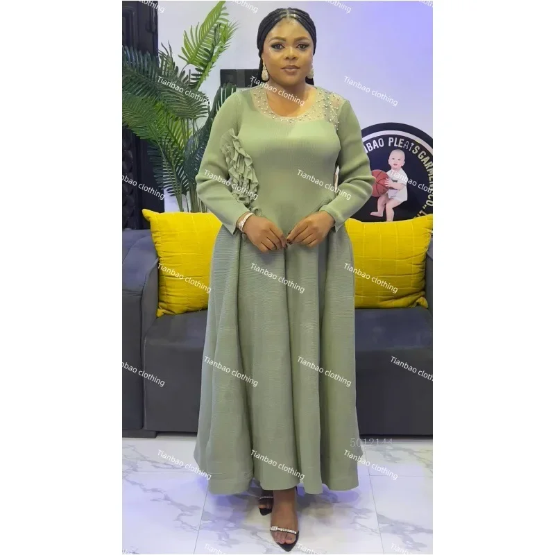 فستان مياكي فضفاض بطيات بلون سادة، فستان نسائي أنيق مصنوع يدويًا من الدانتيل والماس