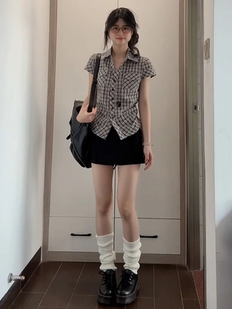 Retro Koreaanse geruite taille-kalkende slim fit ort Sve irt dames zomer anti-aging personali super mooie veelzijdige s...