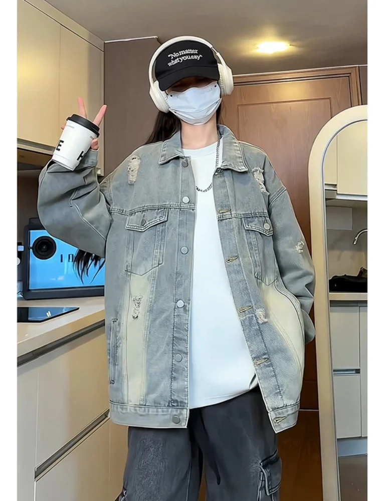 

Винтажная мужская джинсовая куртка Waed: весенне-осенняя, в американском уличном стиле, Cleanfit, модная рабочая одежда, свободный крой, с множеством карманов