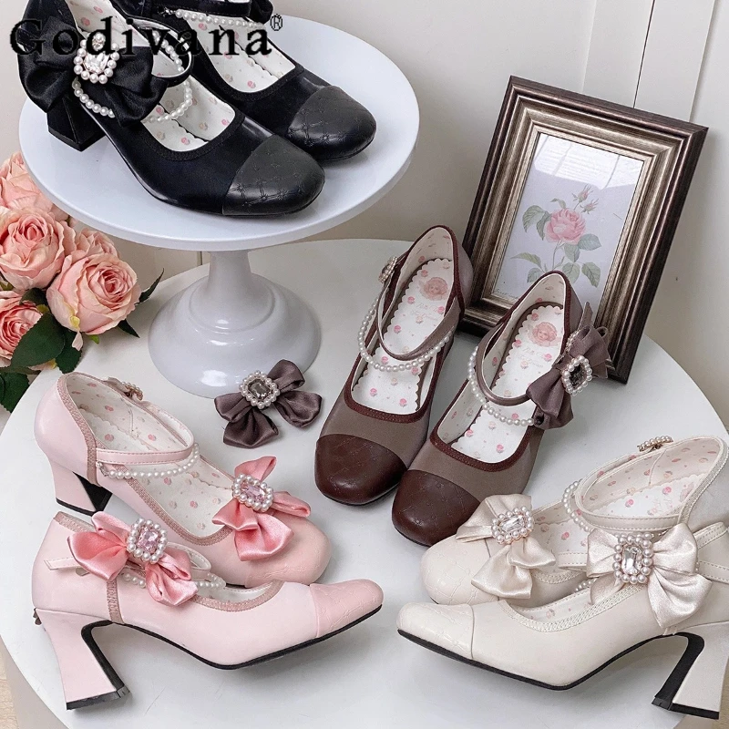 

Original Sweet Flower Wedding Pink High Heels Women's Cute Bow Elegant Mary Jane Shoes Autumn 2025 Ladies Pumps Leather Shoes