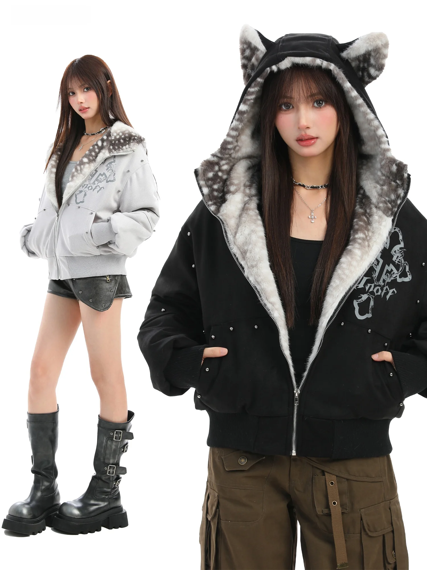 

Thiened American Sle Ear Fluffy Hooded Cotton Jaet Women's Winter Design Sense Rivet Cotton Clothes Warm Outerwear