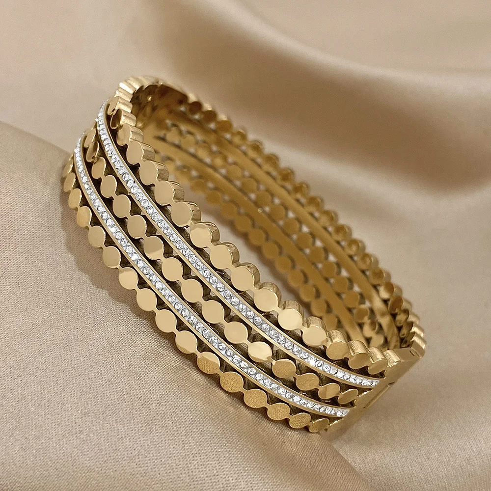 Fashion Layered Inlaid Rhinestone Stainless Steel Bangle For Women Unique Design Gold Silver Color Bracelets Bangles Waterproof