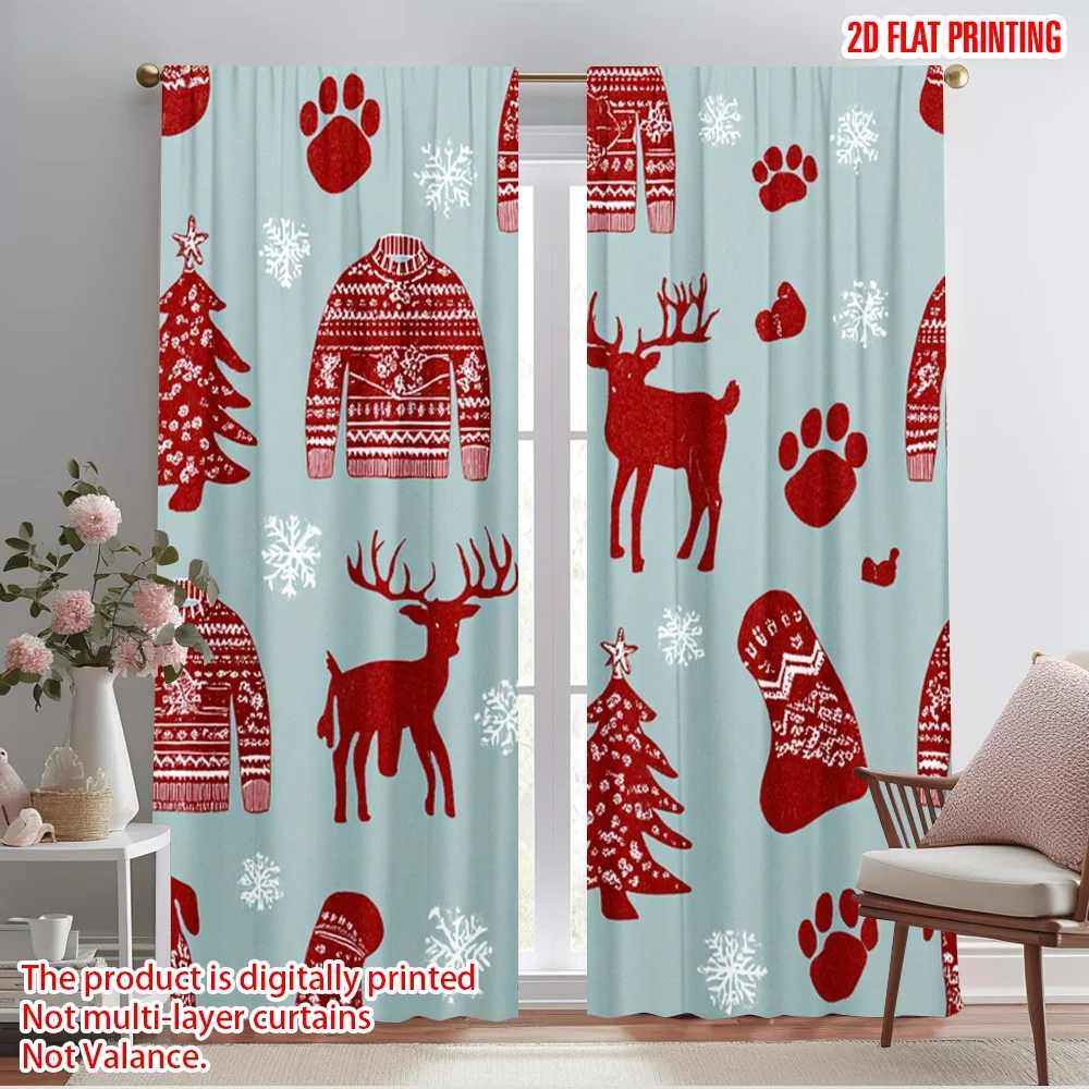 2pcs,2D plane printing Light Filtering Curtains Dog with Holly Berry Versatile Polyester (without rod) Holiday Use for Various