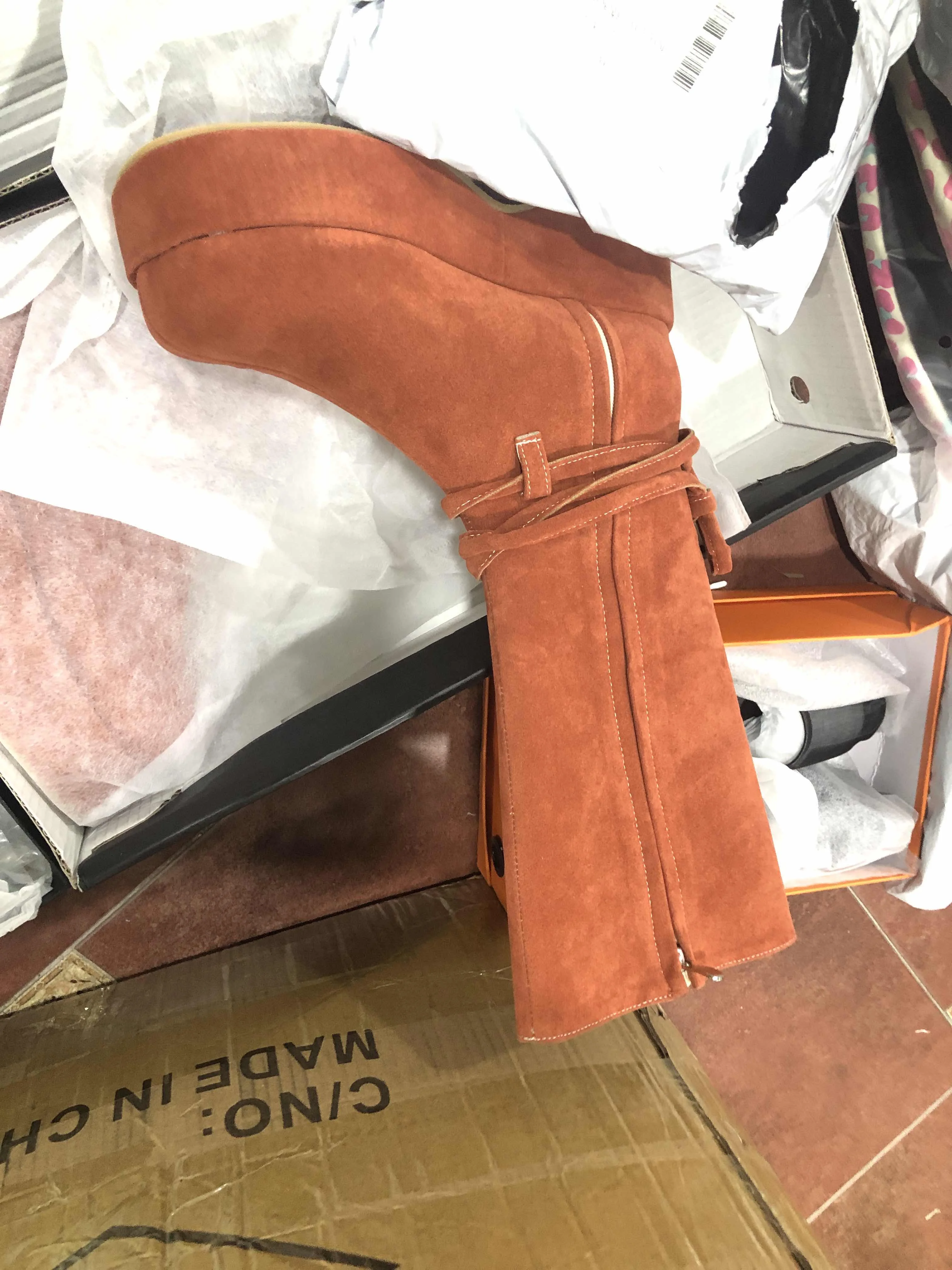 Orange Camper Edition Mid Calf Boots Street Style 2024 Round Toe Thick Sole Cross Tied Large Size Solid Fashion Knee High Boots