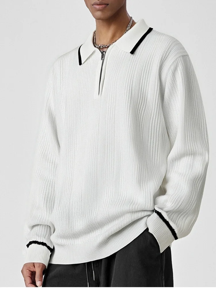 Man Sweater High Quality New Men's Retro Knit Sweater Contrast Color Lapel Collar Comfortable Men's Knitted Pullover