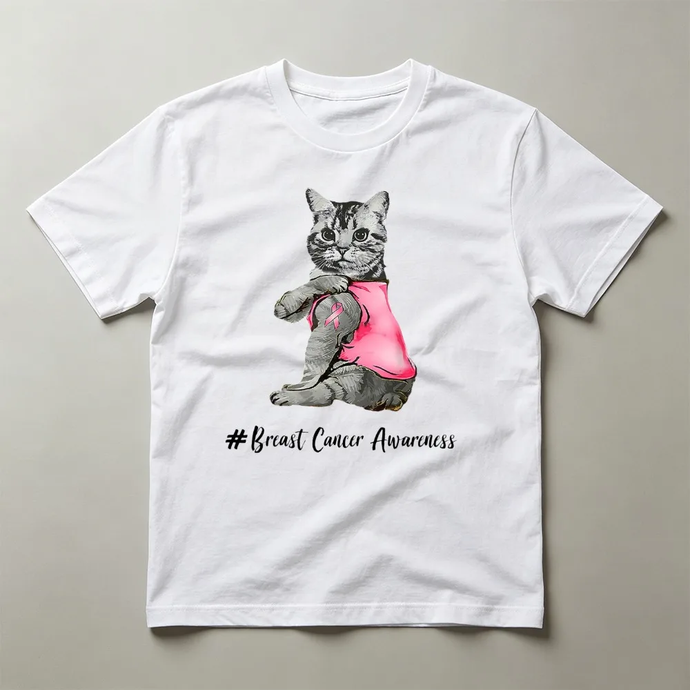 October Awareness Muscle Cat Pink Ribbon Breast Cancer Awareness Print TShirt Women Support Fight Cancer Casual Short Sleeve Tee