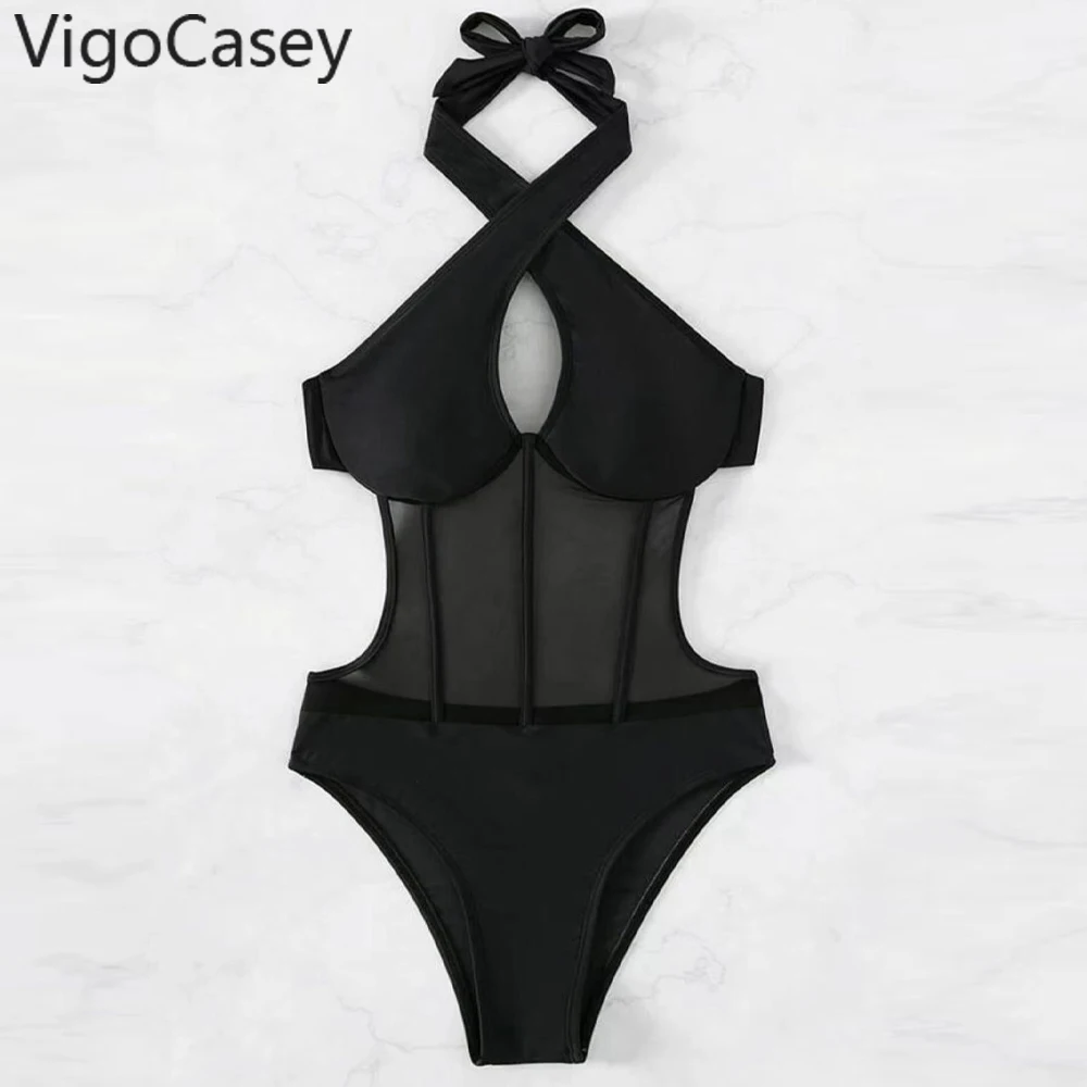 VigoCasey 2024 Solid Cross Halter Swimwear Women Sexy Push Up Hollow One Piece Swimsuit Monokini Backless Beach Bathing Suit