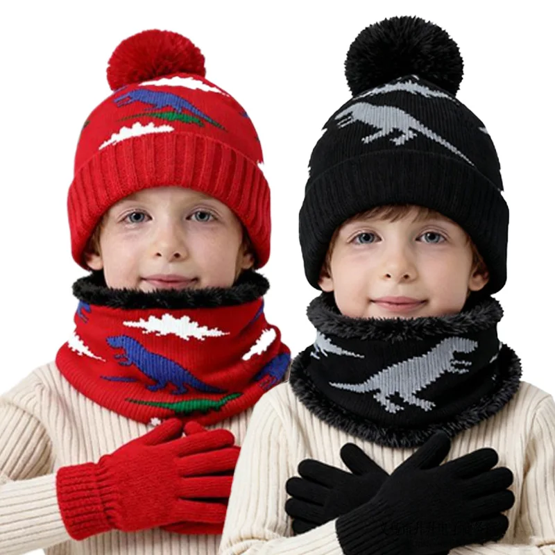 

Детская шапка с изображением динозавра, перчатки, шарф, комплект, рождественские вязаные шапки для мальчиков, зимние уличные защитные шапки для ушей, аксессуары для шапочек, От 2 до 6 лет