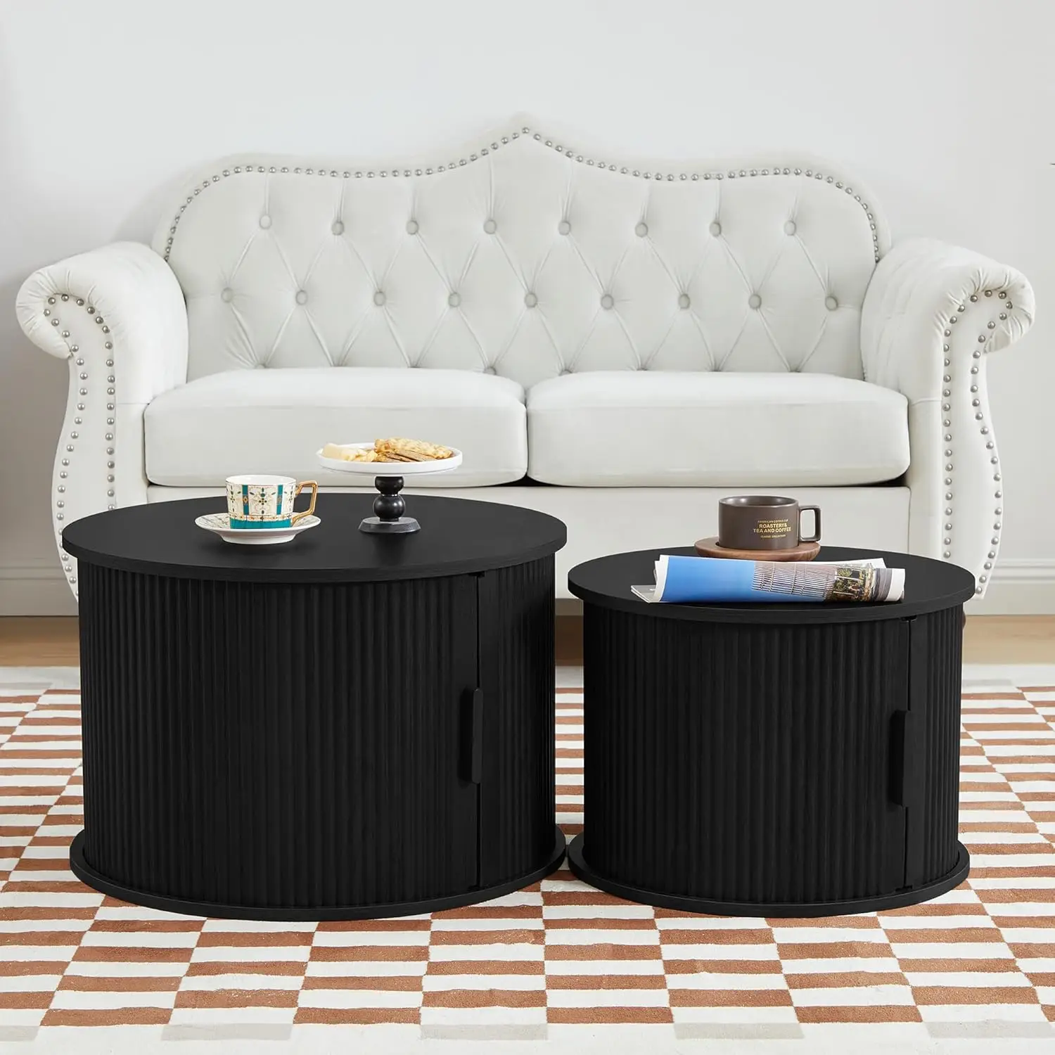 Modern Round Coffee Table Set of 2 with Storage Compartment and Sliding Door, Side End Accent Table for Living Room